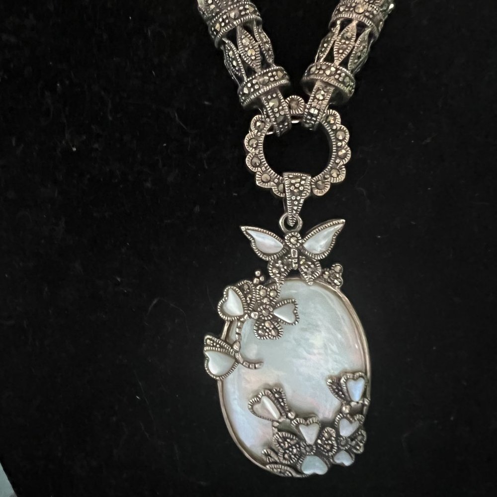 Artisan 925 Silver MOP Marcasite Faceted Iolite Tourmaline Necklace - Picture 4 of 9